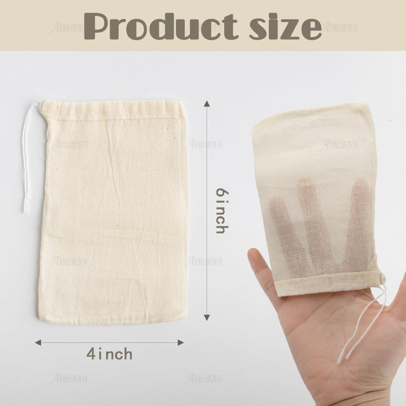 AUEAR, Reusable Drawstring Cotton Soup Bags Coffee Chinese Medicine Tea Bag Brew Straining Herbs Cheesecloth Bone Broth Gravy Stew (12 Pack, 4"x6") - Image 2